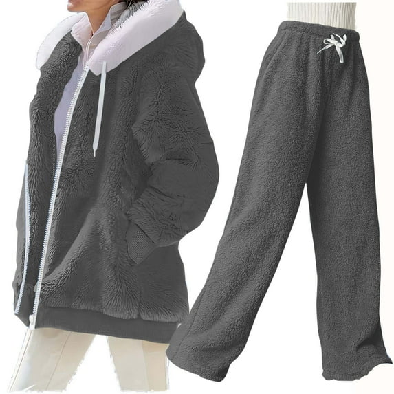 Fmbrln Winter Fleece 2 Piece Sets for Women Full Zip Up Long Sleeve Hooded Jackets with Pockets and Drawstring Elastic Waist Fuzzy Pants Fall Winter Warm Outfits Sets