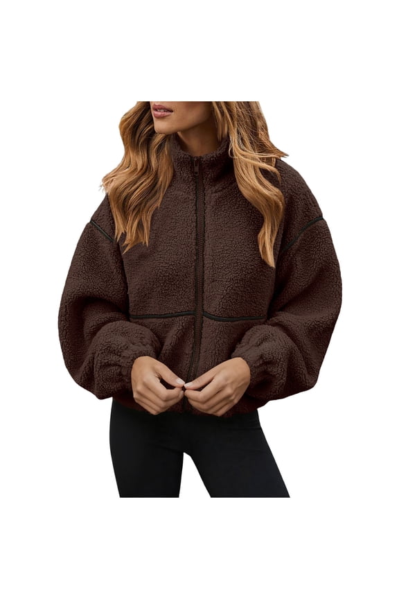 Winter Fleece Jackets for Women Full Zip Up Long Sleeve Stand Collar Cropped Jackets Fashion Warm Outwear Coat