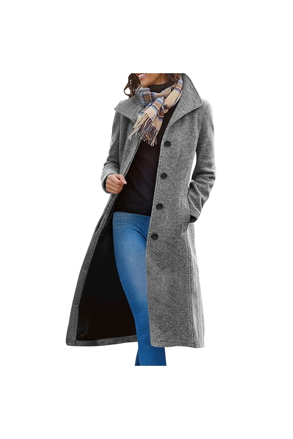 Winter Long Pea Coat for Women Button Long Sleeve Lapel Collar Trench Coat Fall Fashion Warm Overcoat with Pockets