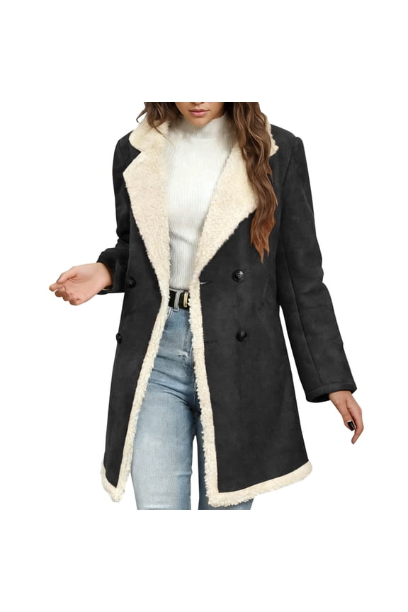 Women Long Fleece Jackets Long Sleeve Lapel Collar Double Breasted Pea Coat Fall Winter Fashion Solid Trench Coat