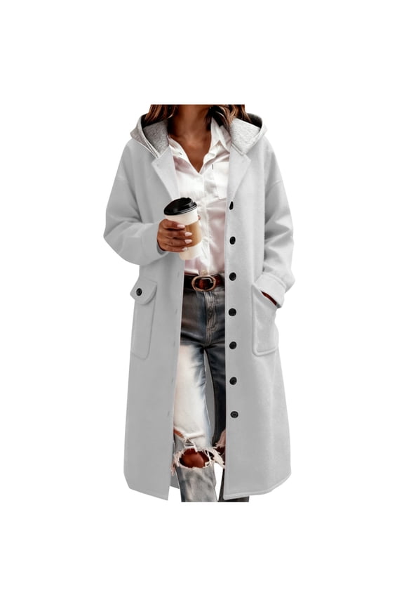 Women Long Pea Coat Long Sleeve Lapel Collar Trench Coat Fall Winter Fashion Hooded Jackets Overcoat with Pockets