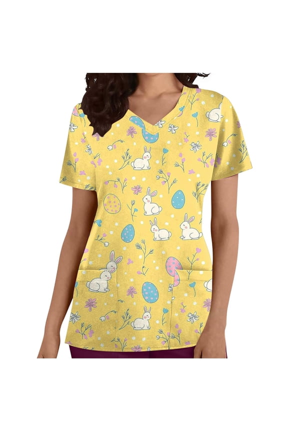 Women Plus Size Easter Scrubs Tops Short Sleeve V Neck Nursing Uniform with Pockets Fashion Easter Cute Bunny Funny Egg Print Workwear