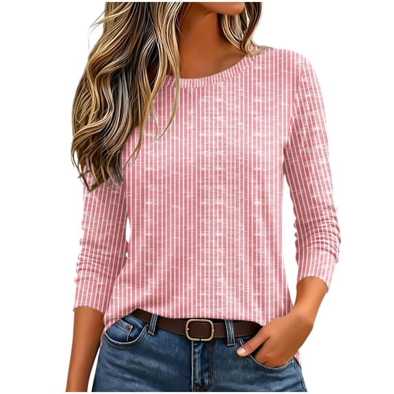 Fmbrln Women's 3/4 Length Sleeve Tops Stripe Crew Neck T Shirts Fall Casual Loose Soft Shirts Pink 3XL