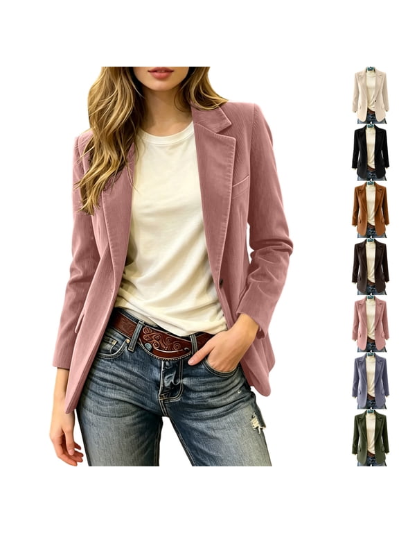 Women's Lightweight Corduroy Blazers Notched Lapel Long Sleeve Solid Color Jacket Fall Winter Business Casual Suit Coat with Pockets Pink S