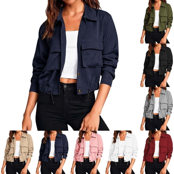 Fmbrln Women's Cropped Utility Jacket Lapel Collar Long Sleeve Button Front Lightweight Fall Jackets Drawstring Hem Outerwear with Pockets
