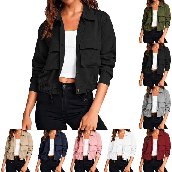 Fmbrln Women's Cropped Utility Jacket Lapel Collar Long Sleeve Button Front Lightweight Fall Jackets Drawstring Hem Outerwear with Pockets
