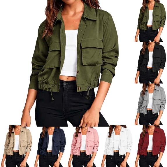 Fmbrln Women's Cropped Utility Jacket Lapel Collar Long Sleeve Button Front Lightweight Fall Jackets Drawstring Hem Outerwear with Pockets