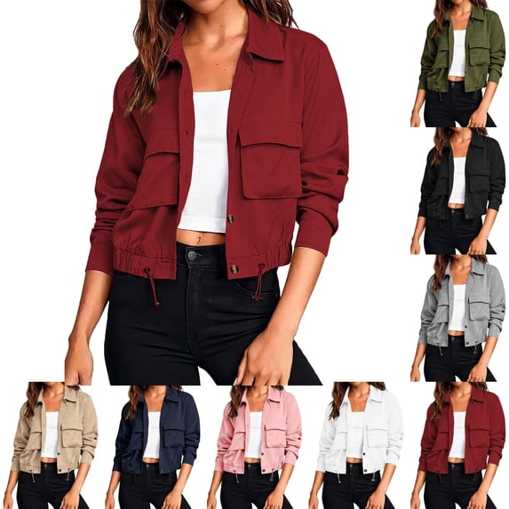 Fmbrln Women's Cropped Utility Jacket Lapel Collar Long Sleeve Button Front Lightweight Fall Jackets Drawstring Hem Outerwear with Pockets