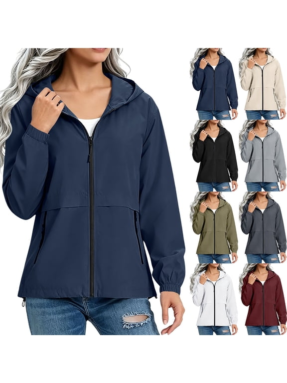 Women's Fall Winter Lightweight Hooded Rain Jacket Zip Up Windproof Water Resistant Short Windbreaker Coat Casual Long Sleeve Rain Coats with Pockets