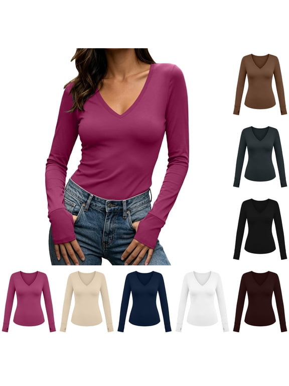 Women's Knitted V Neck Long Sleeve Thermal Tops Solid Color Stretchy Thumb Hole Cuffs Fall Winter Warm Layering Shirt