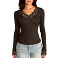 thumbnail image 1 of Fmbrln Women's Lace Trim V Neck Long Sleeve Tops Slim Fit Solid Fashion Daily T Shirt, 1 of 5