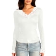 thumbnail image 1 of Fmbrln Women's Lace Trim V Neck Long Sleeve Tops Slim Fit Solid Fashion Daily T Shirt, 1 of 5