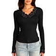 thumbnail image 1 of Fmbrln Women's Lace Trim V Neck Long Sleeve Tops Slim Fit Solid Fashion Daily T Shirt, 1 of 3