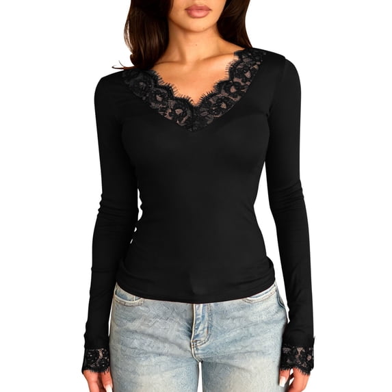 Fmbrln Women's Lace Trim V Neck Long Sleeve Tops Slim Fit Solid Fashion Daily T Shirt