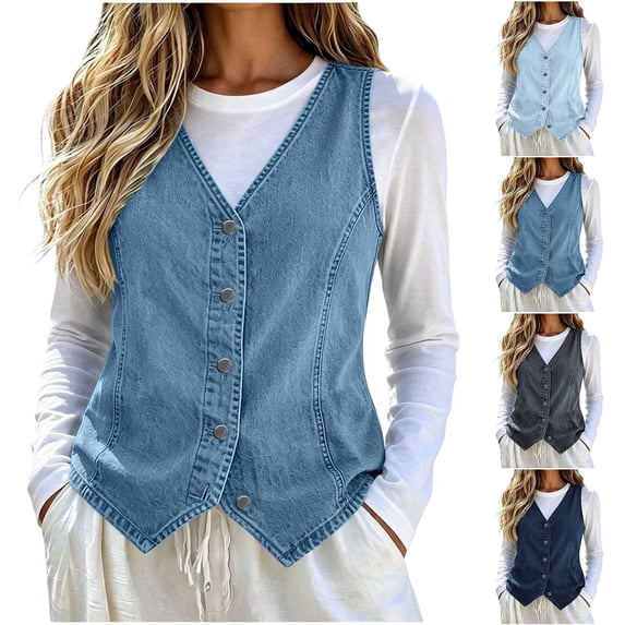 Fmbrln Women's Light Wash Denim Vest V Neck Button Down Sleeveless Jean Vest Trendy Vintage Denim Jacket Navy L