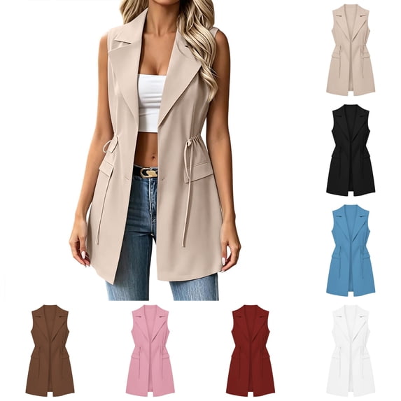 Fmbrln Women's Long Blazer Vests Lapel Collar Sleeveless Open Front Vest Jacket Drawstring Waist Business Casual Outerwear
