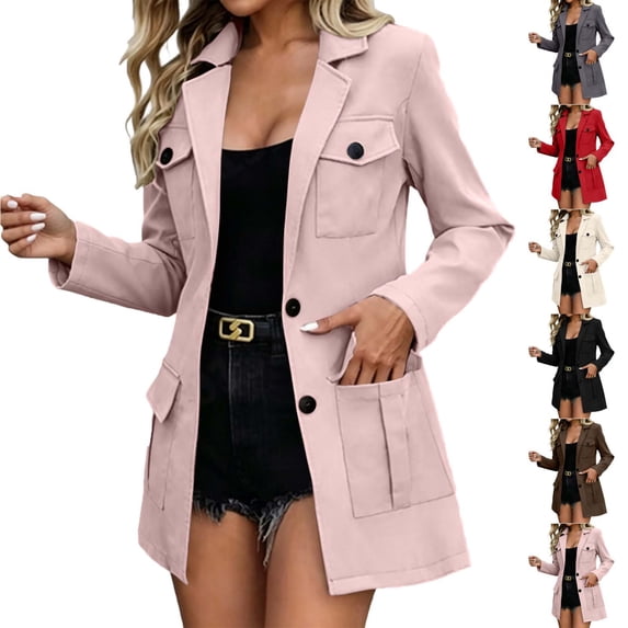 Fmbrln Women's Notched Lapel Single Button Mid Length Trench Jacket Long Sleeve Coats Fall Winter Casual Work Outerwear with Pockets