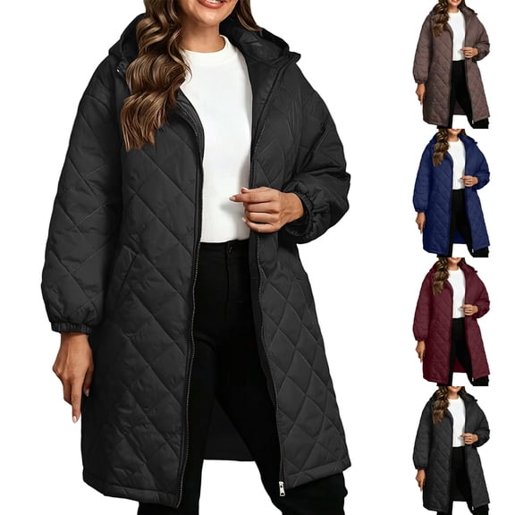 Fmbrln Women's Plus Size Long Hooded Parka Puffer Jacket Quilted Zip Up Elastic Cuffs Coat Long Sleeve Warm Winter Outwear with Pocket