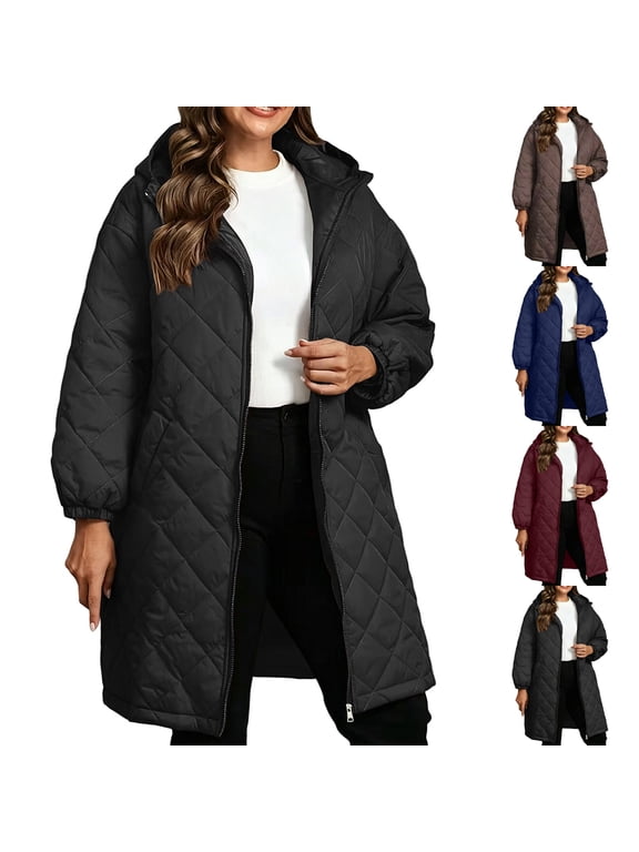 Women's Plus Size Long Hooded Parka Puffer Jacket Quilted Zip Up Elastic Cuffs Coat Long Sleeve Warm Winter Outwear with Pocket