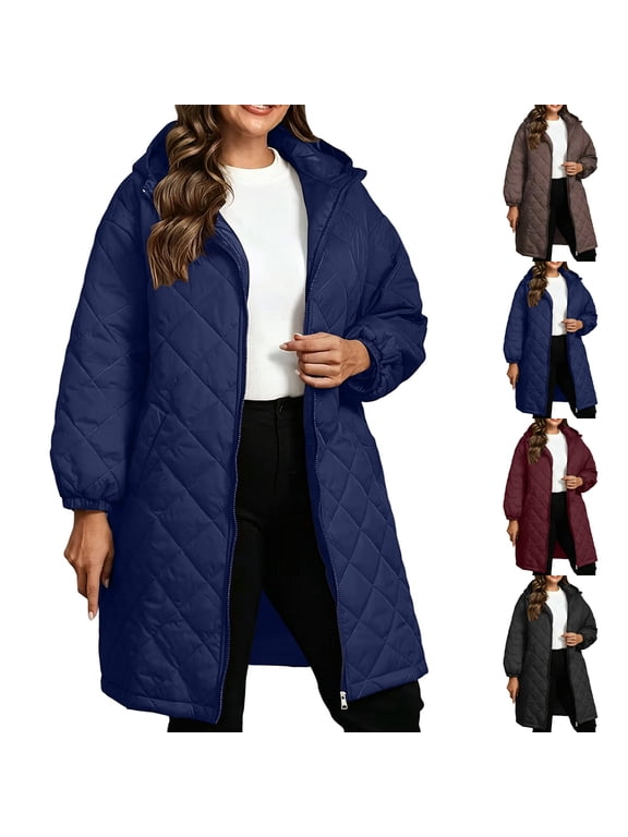 Women's Plus Size Long Hooded Parka Puffer Jacket Quilted Zip Up Elastic Cuffs Coat Long Sleeve Warm Winter Outwear with Pocket