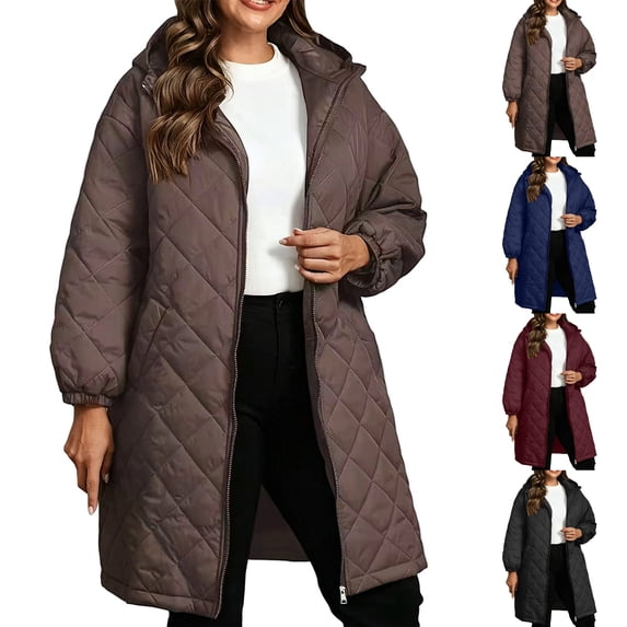 Fmbrln Women's Plus Size Long Hooded Parka Puffer Jacket Quilted Zip Up Elastic Cuffs Coat Long Sleeve Warm Winter Outwear with Pocket
