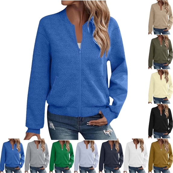 Fmbrln Women's Quilted Bomber Jacket Zip Up Stand Collar Jackets Long Sleeve Fall Casual Outerwear with Pockets