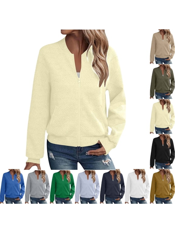 Women's Quilted Bomber Jacket Zip Up Stand Collar Jackets Long Sleeve Fall Casual Outerwear with Pockets