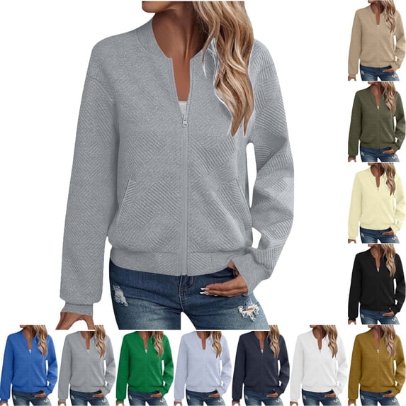 Fmbrln Women's Quilted Bomber Jacket Zip Up Stand Collar Jackets Long Sleeve Fall Casual Outerwear with Pockets