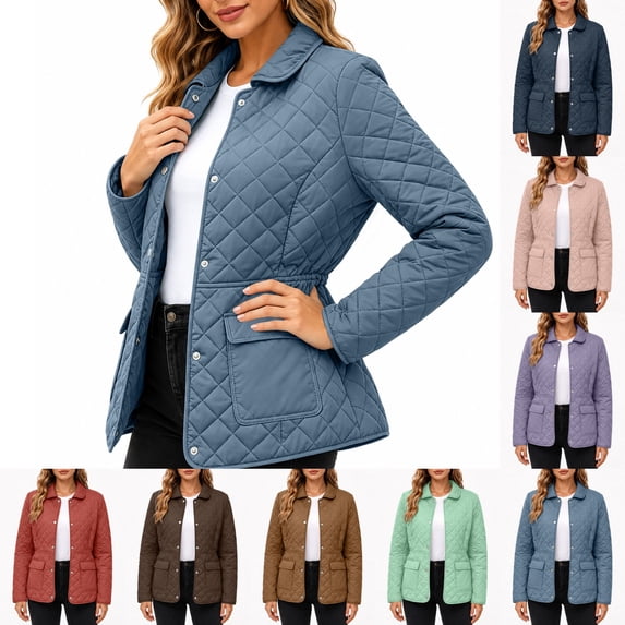 Fmbrln Women's Quilted Jacket Collared Snap Button Lightweight Coat Long Sleeve Outerwear with Pockets for Fall Winter