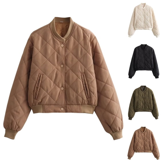 Fmbrln Women's Quilted Puffer Jacket Long Sleeve Snap Button Cropped Padded Coat Fall Winter Lightweight Casual Outwear with Pocket Khaki XL