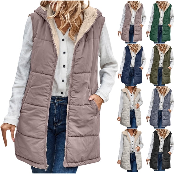 Fmbrln Women's Reversible Lined Long Puffer Vest Zip Up Sleeveless Padded Hooded Jacket Fall Winter Comfy Outerwear Gray L