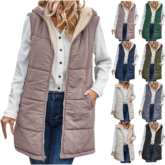 Fmbrln Women's Reversible Lined Long Puffer Vest Zip Up Sleeveless Padded Hooded Jacket Fall Winter Comfy Outerwear Purple 3XL