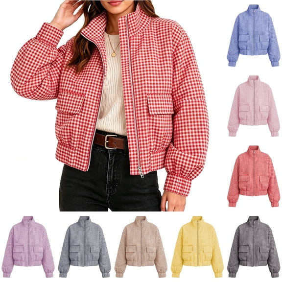 Fmbrln Women's Stand Collar Puffer Jacket Zip Up Plaid Cropped Coat with Pockets Long Sleeve Lightweight Fall Winter Outerwear