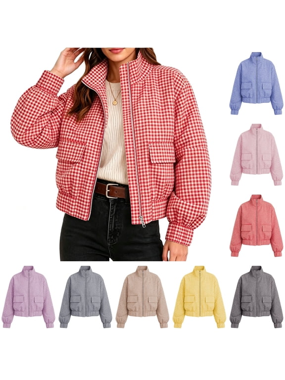 Women's Stand Collar Puffer Jacket Zip Up Plaid Cropped Coat with Pockets Long Sleeve Lightweight Fall Winter Outerwear