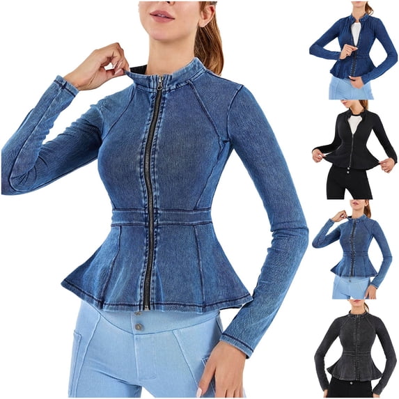 Fmbrln Women's Stand Collar Zip Up Peplum Denim Jacket Long Sleeve Fitted Jean Jacket Fashion Casual Outerwear