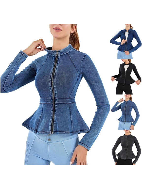 Women's Stand Collar Zip Up Peplum Denim Jacket Long Sleeve Fitted Jean Jacket Fashion Casual Outerwear