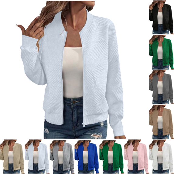 Fmbrln Women's Textured Knit Bomber Jacket Stand Collar Zip Up Jackets Long Sleeve Casual Trendy Fall Outerwear