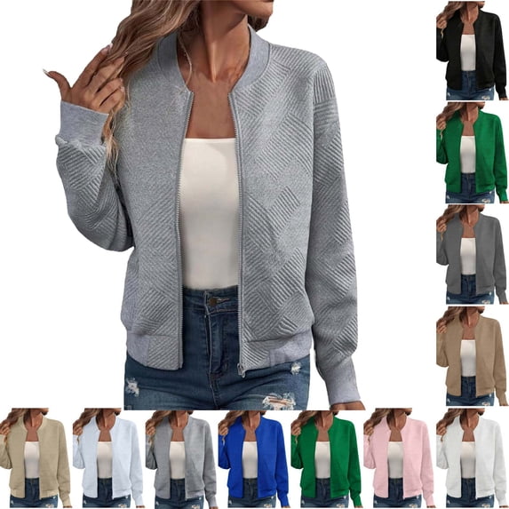 Fmbrln Women's Textured Knit Bomber Jacket Stand Collar Zip Up Jackets Long Sleeve Casual Trendy Fall Outerwear