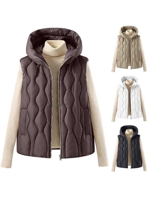 Women's Wave Quilted Puffer Vest Zip Up Sleeveless Short Padded Hooded Jacket Fall Winter Layering Outerwear White L
