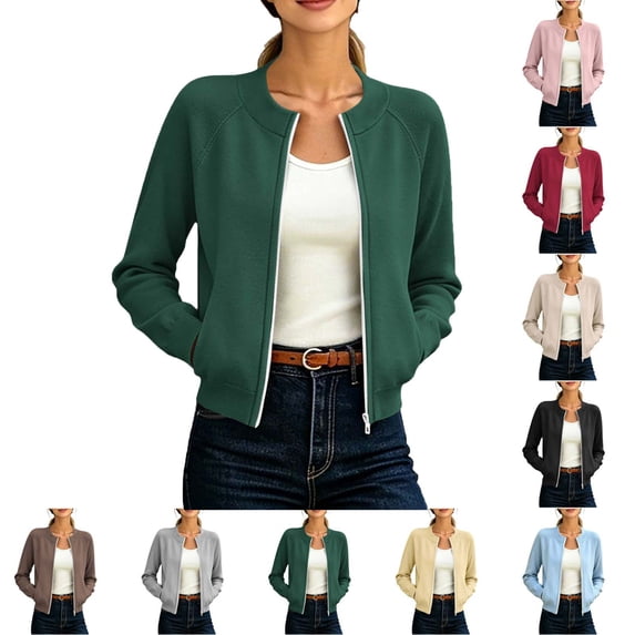 Fmbrln Women's Zip Up Bomber Jacket Stand Collar Raglan Long Sleeve Jackets with Pockets Fall Casual Trendy Outerwear