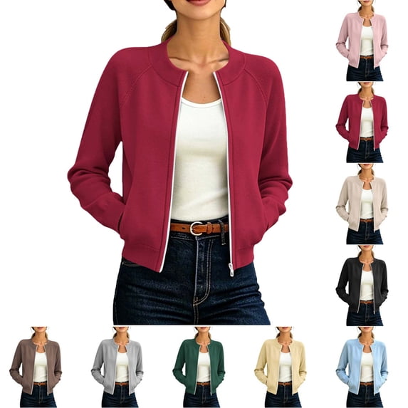 Fmbrln Women's Zip Up Bomber Jacket Stand Collar Raglan Long Sleeve Jackets with Pockets Fall Casual Trendy Outerwear