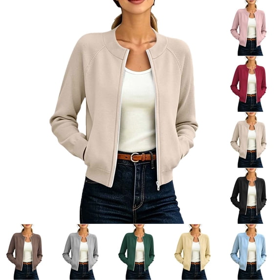 Fmbrln Women's Zip Up Bomber Jacket Stand Collar Raglan Long Sleeve Jackets with Pockets Fall Casual Trendy Outerwear