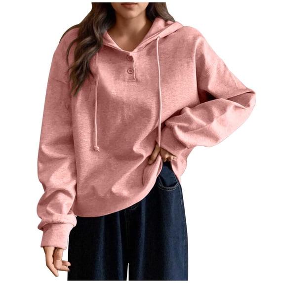 Fmbrln Womens 1/4 Button Hoodies Tops Long Sleeve Solid Color Hooded Sweatshirts Casual Loose Comfy Lightweight Pullover Sweatshirts