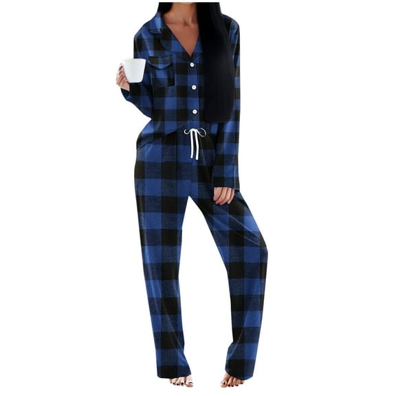 Fmbrln Womens 2 Piece Outfits Fashion Checkered Sets Button Long Sleeve Turndown Collar Shirts and Drawstring Elastic Waist Casual Pants Sets