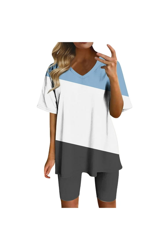 Womens 2 Piece Sets Summer Casual V Neck Short Sleeve Tops and Legging Shorts Color Block Sets Athletic Workout Sets Comfy Outfits Light Blue L