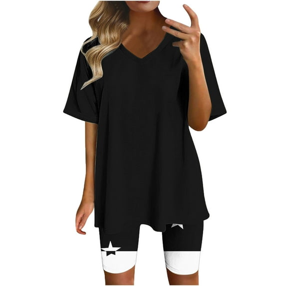 Fmbrln Womens 2 Piece Sets Summer Casual V Neck Short Sleeve Tops and Legging Shorts Color Block Sets Athletic Workout Sets Comfy Outfits Black L