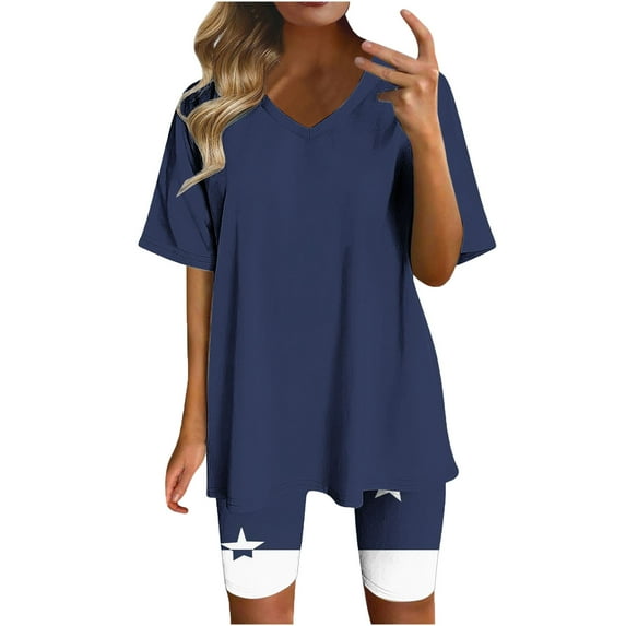 Fmbrln Womens 2 Piece Sets Summer Casual V Neck Short Sleeve Tops and Legging Shorts Color Block Sets Athletic Workout Sets Comfy Outfits Navy XL