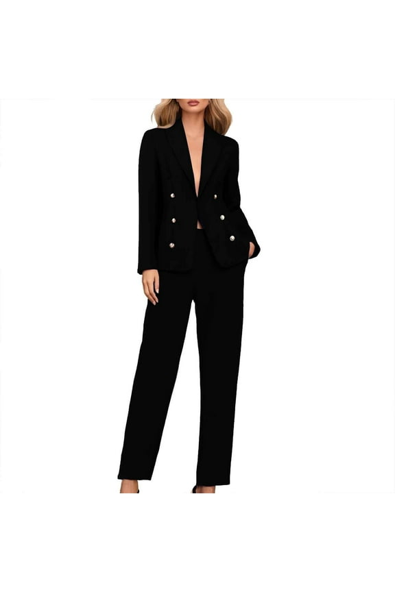Womens 2 Piece Suit Sets Dressy Business Casual Outfits Long Sleeve Lapel Collar Blazer and Straight Leg Pants Sets Office Work Suit Sets Black S