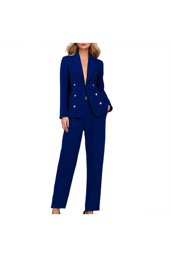 Womens 2 Piece Suit Sets Dressy Business Casual Outfits Long Sleeve Lapel Collar Blazer and Straight Leg Pants Sets Office Work Suit Sets Blue 2XL