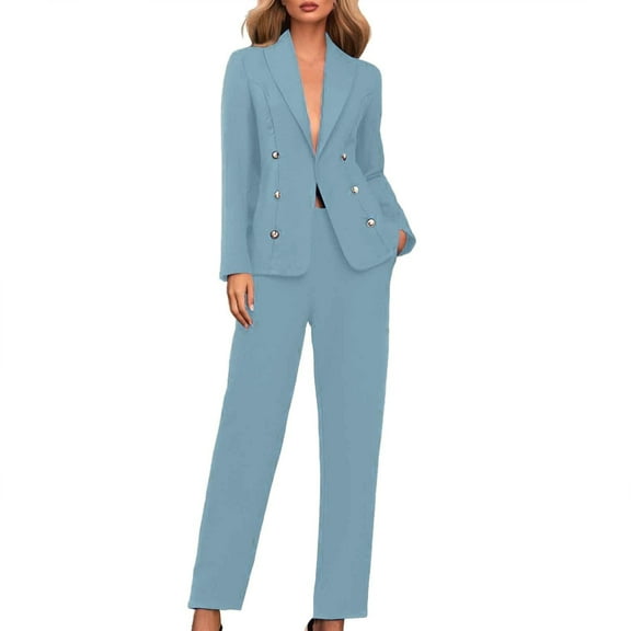 Fmbrln Womens 2 Piece Suit Sets Dressy Business Casual Outfits Long Sleeve Lapel Collar Blazer and Straight Leg Pants Sets Office Work Suit Sets Light Blue L